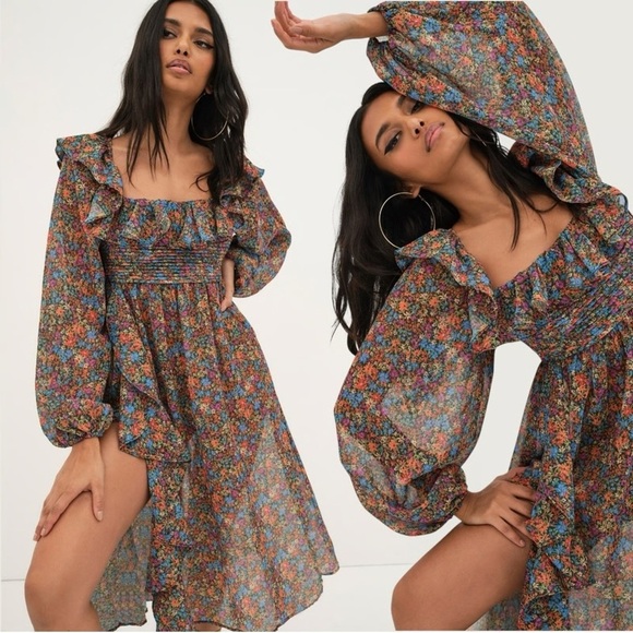 For Love & Lemons Brittany Floral Print Long Sleeve Midi Dress - Picture 4 of 12